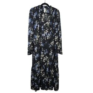 HM Black Floral Chiffon Maxi Dress Medium Ruffle V-Neck Tiered Long Sleeve